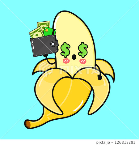An adorable cartoon Banana character happily holding a wallet full of cash, and a credit card. 126815283