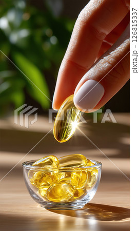 A hand holding an omega-3 capsule above a small glass bowl with many pills, wellness concept. 126815337