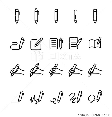 シンプルモノクロ文房具アイコンセット - 線画ベクター素材	 126815434