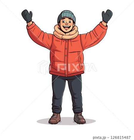 happy young man in winter outfit with raised arms isolated vector illustration 126815487
