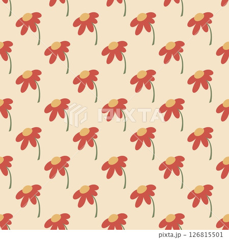 Seamless Red Daisy Floral Pattern on Beige Background . Minimalist Flower Design 126815501