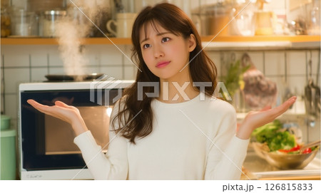 キッチンで困った表情の若い女性 キッチンで困った表情の若い女性 126815833