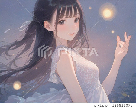 蛍とハーフアップヘアの笑顔の少女 126816076