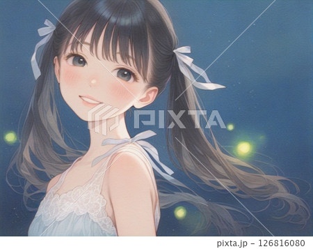蛍とツインテールの笑顔の少女 126816080