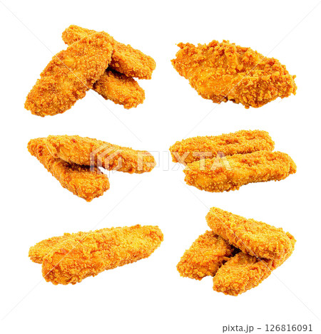 Six Sets of Crispy Golden Chicken Tenders Isolated 126816091