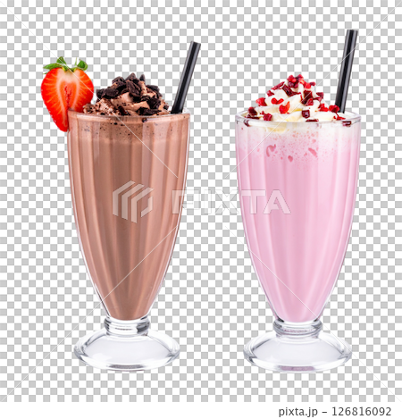 Chocolate and Strawberry Milkshakes in Tall Glasses with Toppings 126816092