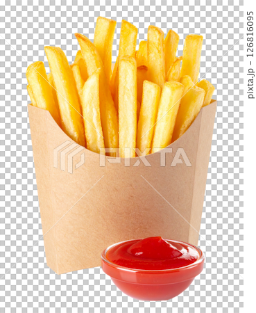 Classic French Fries in Takeout Box with Ketchup Dip 126816095