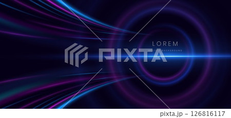 Abstract futuristic blue and pink curve light ray on dark blue background. Hi speed motion moving concept. Abstract futuristic blue and pink curve light ray on dark blue background. Hi speed motion moving concept. 126816117