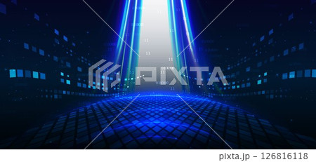 Technology futuristic glowing lines neon blue light ray on dark blue background with square pattern digital element. 126816118