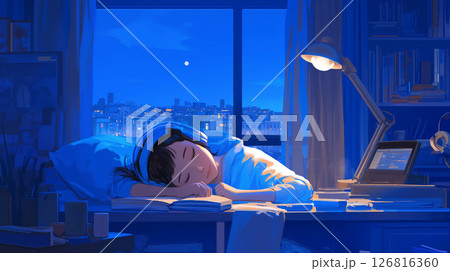 本や植物に囲まれた室内でヘッドフォンを装着し音楽に浸る少女の姿が印象的なアートイラスト 126816360