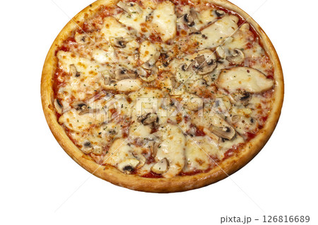 Pizza with chicken and olives cheese and mushrooms round shape on a wooden board 126816689