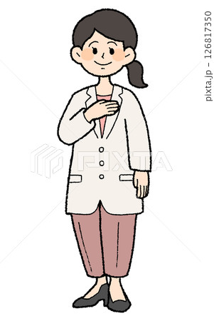 手描き風　胸に手を当てる白衣を着た女性医師　パンツスタイル 126817350