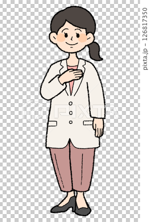 手描き風　胸に手を当てる白衣を着た女性医師　パンツスタイル 126817350