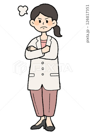手描き風　不満げな白衣を着た女性医師　パンツスタイル 126817351