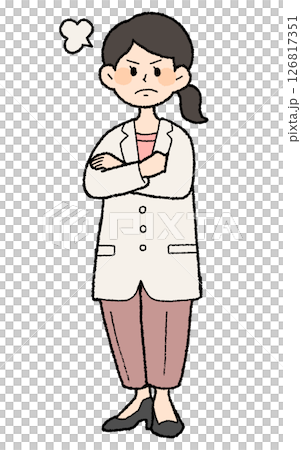手描き風　不満げな白衣を着た女性医師　パンツスタイル 126817351