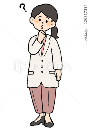 手描き風　はてなの白衣を着た女性医師　パンツスタイル 126817354
