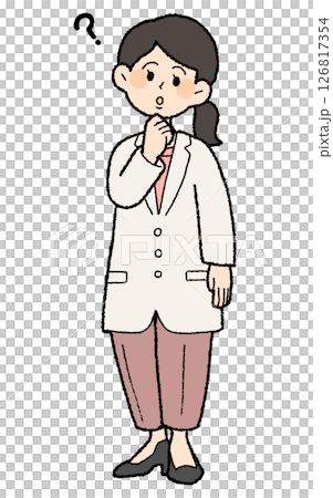 手繪風格女醫生穿著白大褂，帶有問號，褲子風格 126817354