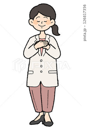 手描き風　両手を胸に当てる白衣を着た女性医師　パンツスタイル 126817356