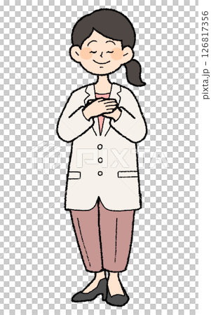 手描き風　両手を胸に当てる白衣を着た女性医師　パンツスタイル 126817356
