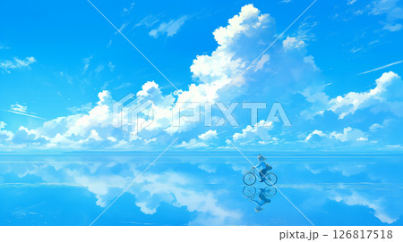 夏の青空と白い雲が広がる海の上を自転車で走る少女の幻想シーン｜透明