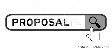 Search banner in word proposal with hand over magnifier icon on white background 126817628