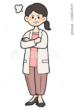 手描き風　怒る白衣を前開きで着た女性医師 パンツスタイル 126817673