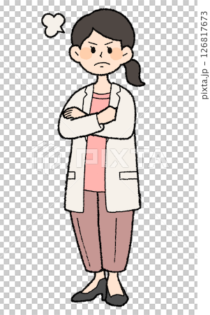 手描き風　怒る白衣を前開きで着た女性医師 パンツスタイル 126817673