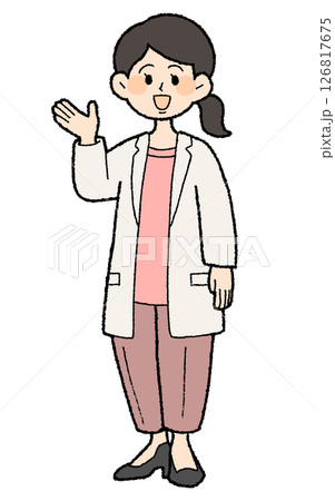 手描き風　どうぞのポーズの白衣を前開きで着た女性医師 パンツスタイル 126817675