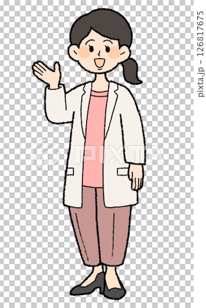 手描き風　どうぞのポーズの白衣を前開きで着た女性医師 パンツスタイル 126817675