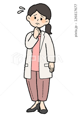 手描き風 戸惑う白衣を前開きで着た女性医師 パンツスタイル 手描き風 戸惑う白衣を前開きで着た女性医師 パンツスタイル 126817677