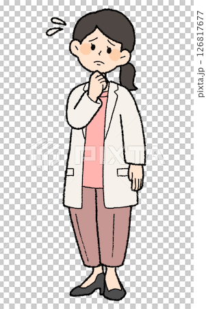手繪風格：困惑的女醫生，身穿白大褂，前襟敞開，褲子風格 126817677