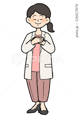 手描き風　両手を胸に当てる白衣を前開きで着た女性医師 パンツスタイル 126817679