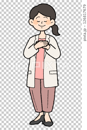 手描き風　両手を胸に当てる白衣を前開きで着た女性医師 パンツスタイル 126817679