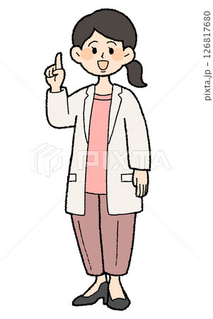 手描き風　人差し指を立てる白衣を前開きで着た女性医師 パンツスタイル 126817680