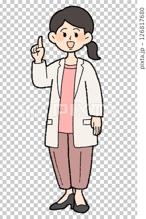 手描き風　人差し指を立てる白衣を前開きで着た女性医師 パンツスタイル 126817680
