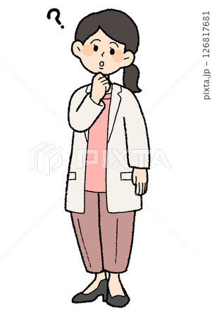手描き風　はてなマークの白衣を前開きで着た女性医師 パンツスタイル 126817681