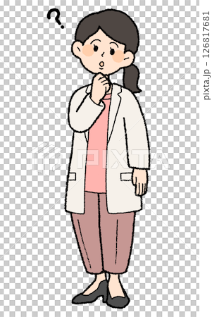 手描き風　はてなマークの白衣を前開きで着た女性医師 パンツスタイル 126817681