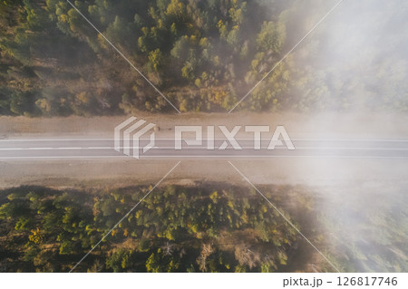 Aerial view of a quiet road bordered by dense forest in early morning light with soft mist rising Aerial view of a quiet road bordered by dense forest in early morning light with soft mist rising 126817746