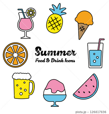 夏の食べ物と飲み物アイコンセット（黒線Ver.） 126817836