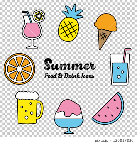 夏の食べ物と飲み物アイコンセット（黒線Ver.） 126817836