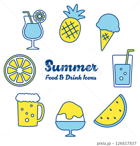 夏の食べ物と飲み物アイコンセット（ブルーラインVer.） 126817837