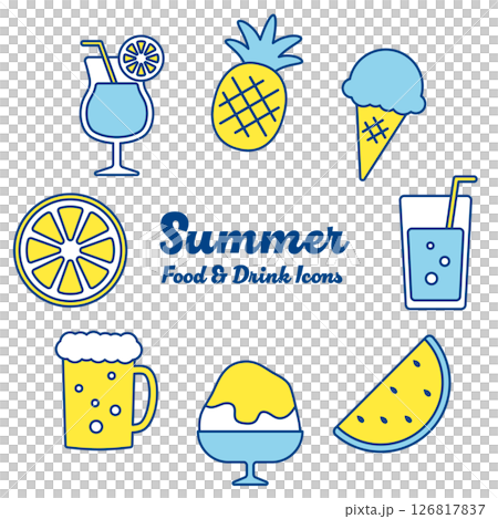 夏の食べ物と飲み物アイコンセット（ブルーラインVer.） 126817837