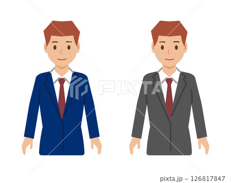 両手を下ろし、すまし顔のベリーショートの若い男性。スーツ姿の上半身 126817847