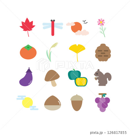 秋の自然アイコンセット：もみじ・きのこ・果物 126817855