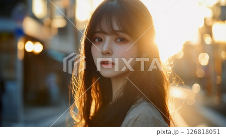夕陽に照らされる女性のポートレート 126818051