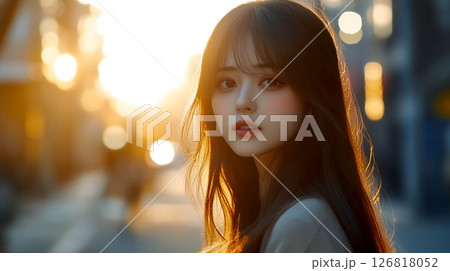 夕陽に照らされる女性のポートレート 126818052
