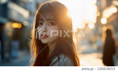 夕陽に照らされる女性のポートレート 126818053