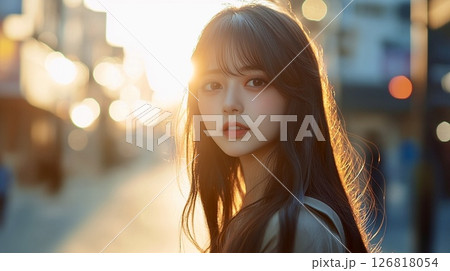 夕陽に照らされる女性のポートレート 126818054