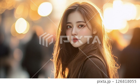 夕陽に照らされる女性のポートレート 126818055