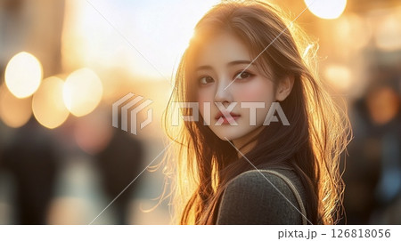 夕陽に照らされる女性のポートレート 126818056
